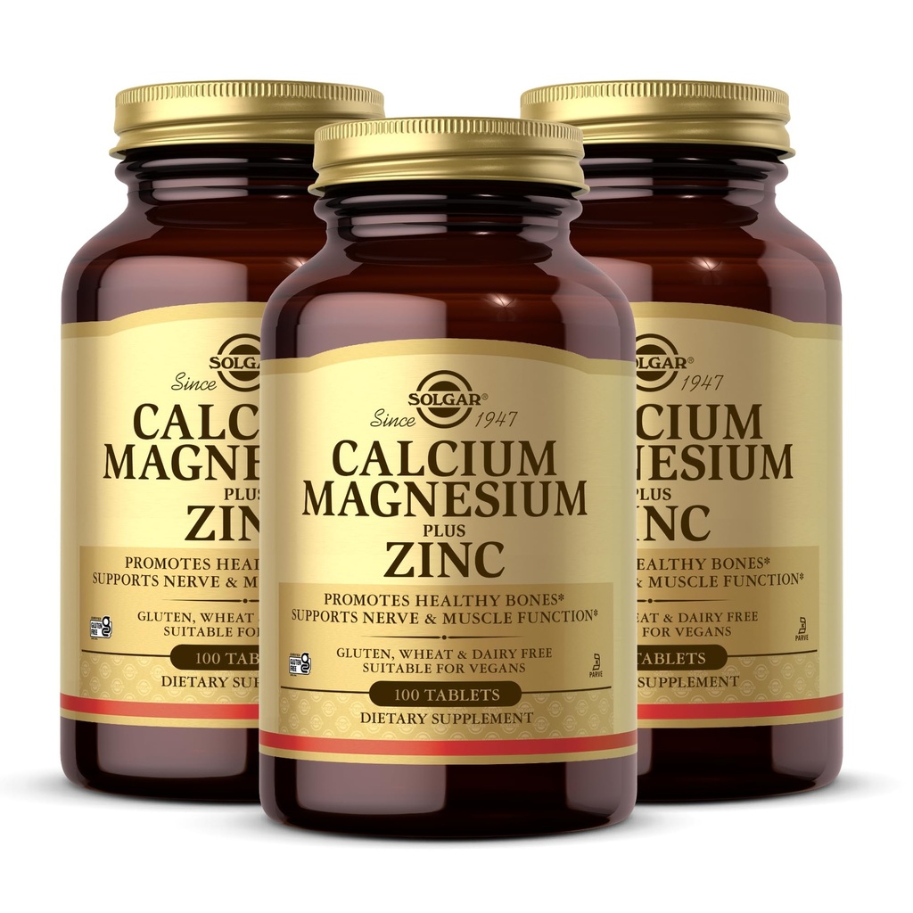 Solgar Calcium Magnesium Plus Zinc, 100片(3包) - 推广健康骨骼和牙齿 - 支持Nerve & Muscle函数 - 非GMO, Vegan, Gluten Free, 奶制品 Free, Kosher - 100总服务