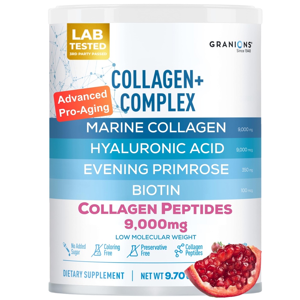 Marine Collagen Powder Supplement - Type I Hydrolyzed Marine Collagen Peptides, Protein, Biotin, Hyaluronic Acid, Vitamin C, Vital Antioxidants - Skin Supplements for Women - Pomegranate, 9.7oz