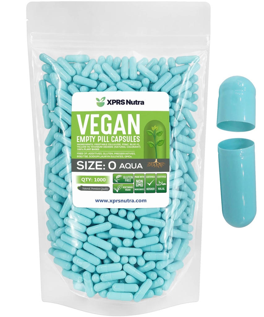 XPRS Nutra 大小 0 空卡普勒斯 - 1000 个空卡普勒斯伯爵 Vegan Capsules - 蔬菜药丸 - DIY 蔬菜药丸 填充 - 蔬菜药丸 Gel Caps for Do- It- yourself suppers (Aqua)
