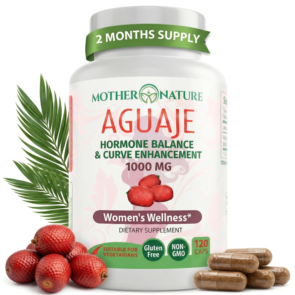 母亲自然 Aguaje Curves Capsules for Women, 1000mg (120cmt), 天然和可持续来源的 Aguaje 水果,来自秘鲁,用于女性健康,Hormone平衡, 曲线增强器, Vegan, 非GMO和Gluten-Free
