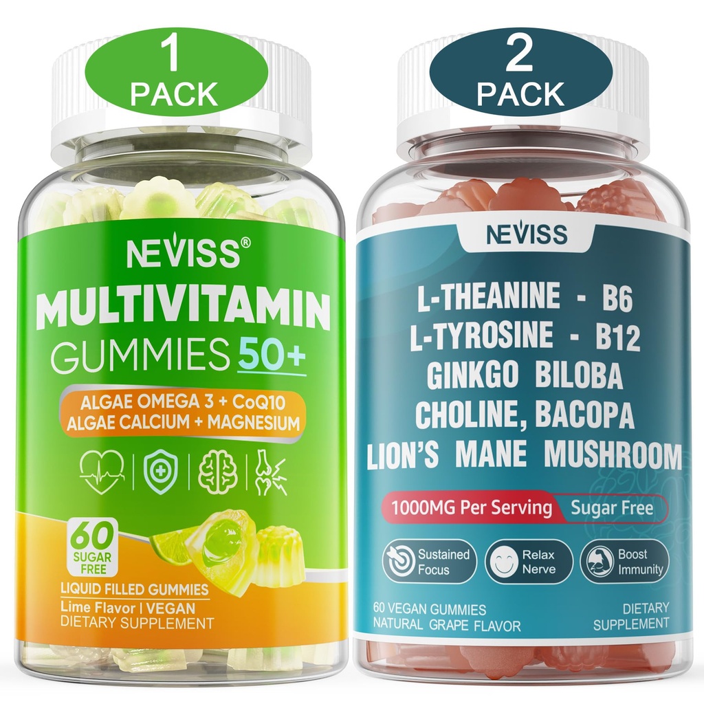 NEVISS Bundle - Women & Men's 50+ Multivitamin and L-Tyrosine L-Theanine B6 B12 Gummies 2 Pack