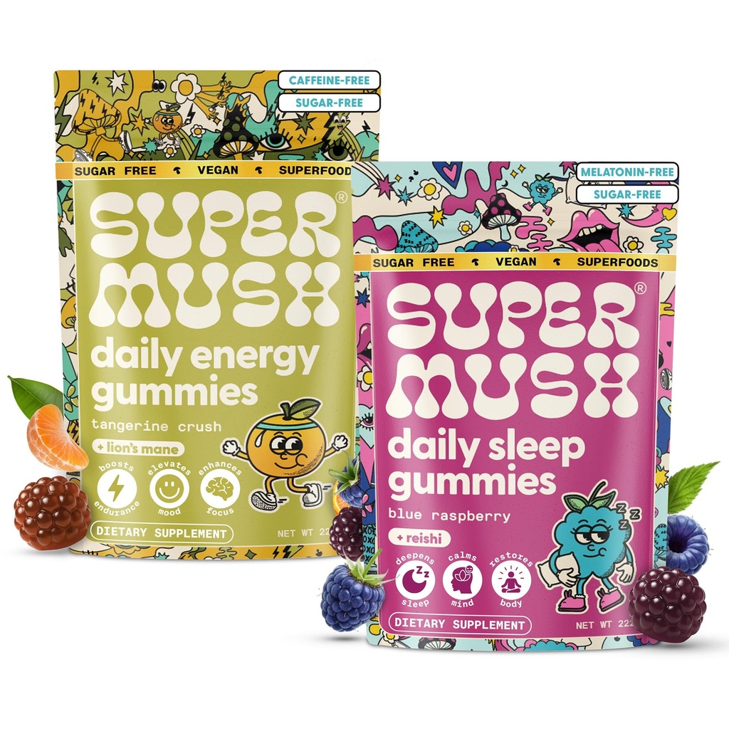 SuperMush Mushroom Gummies - Lions Mane, Reishi, Chaga, Cordyceps, L-Theanine, Magnesium & Chamomile - Vegan & Sugar-Free Supplement for Energy, Focus, Stress Relief & Deep Sleep - 120 Gummies
