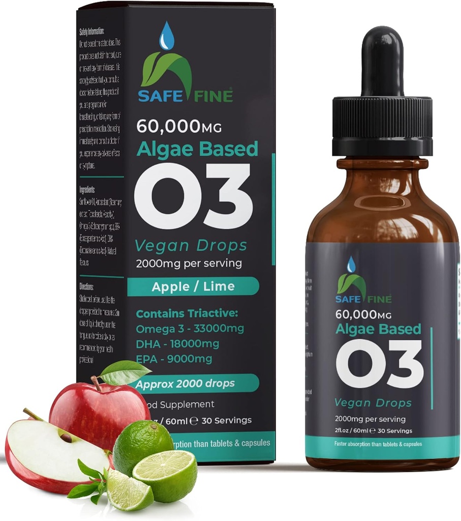 Omega 3 Liquid Vegan Drops - 来自藻类油的DHA & EPA - 60毫升 Dropper瓶 - 每服2000毫克 - 支持整个家庭的整体身体健康补充剂
