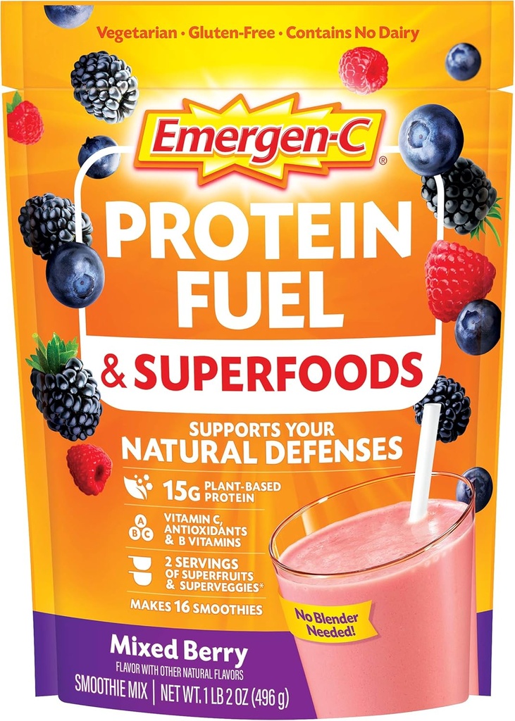 Emergen-C Protein Powder Fuel & Superfoods (16 Servings, Mixed Berry Flavor) Plant-Based & Vegetarian Shake Mix With Organic Superfoods, Vitamin C & Other Antioxidants