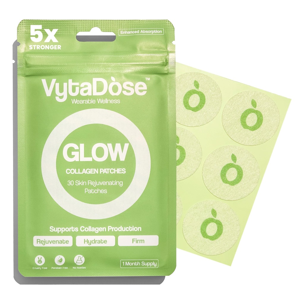 Vytadose Collagen Glow Beauty Restore Patches | 5X Stronger Formula | Collagen Peptides, Vitamin C, Pro-Retinol, Coq10, Hyaluronic Acid & Biotin for Hair Growth | Daily Patch for Skin & Hair Wellness