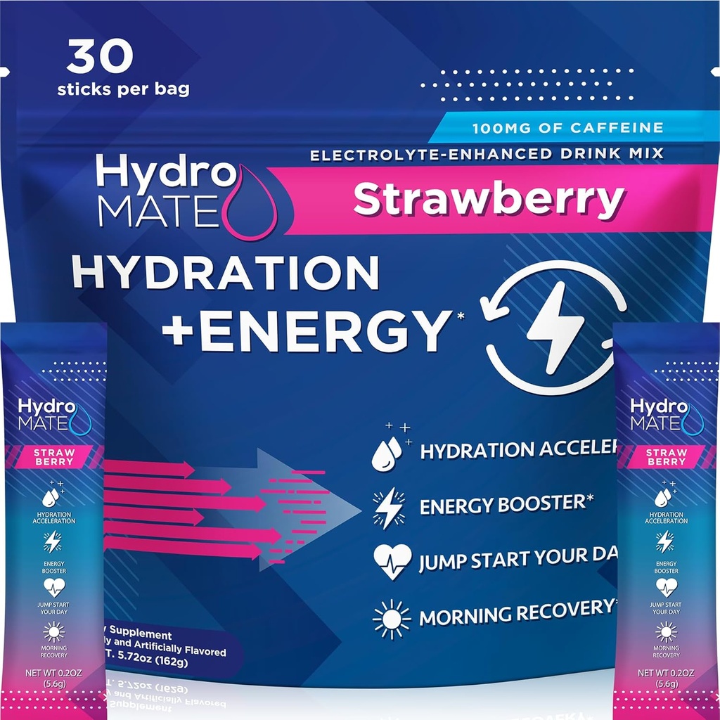 HydroMate 电解剂 粉末 饮料 混合物 水分包 水分加速器 低糖快速党 救济恢复 维生素 C+咖啡因 草莓 30 计