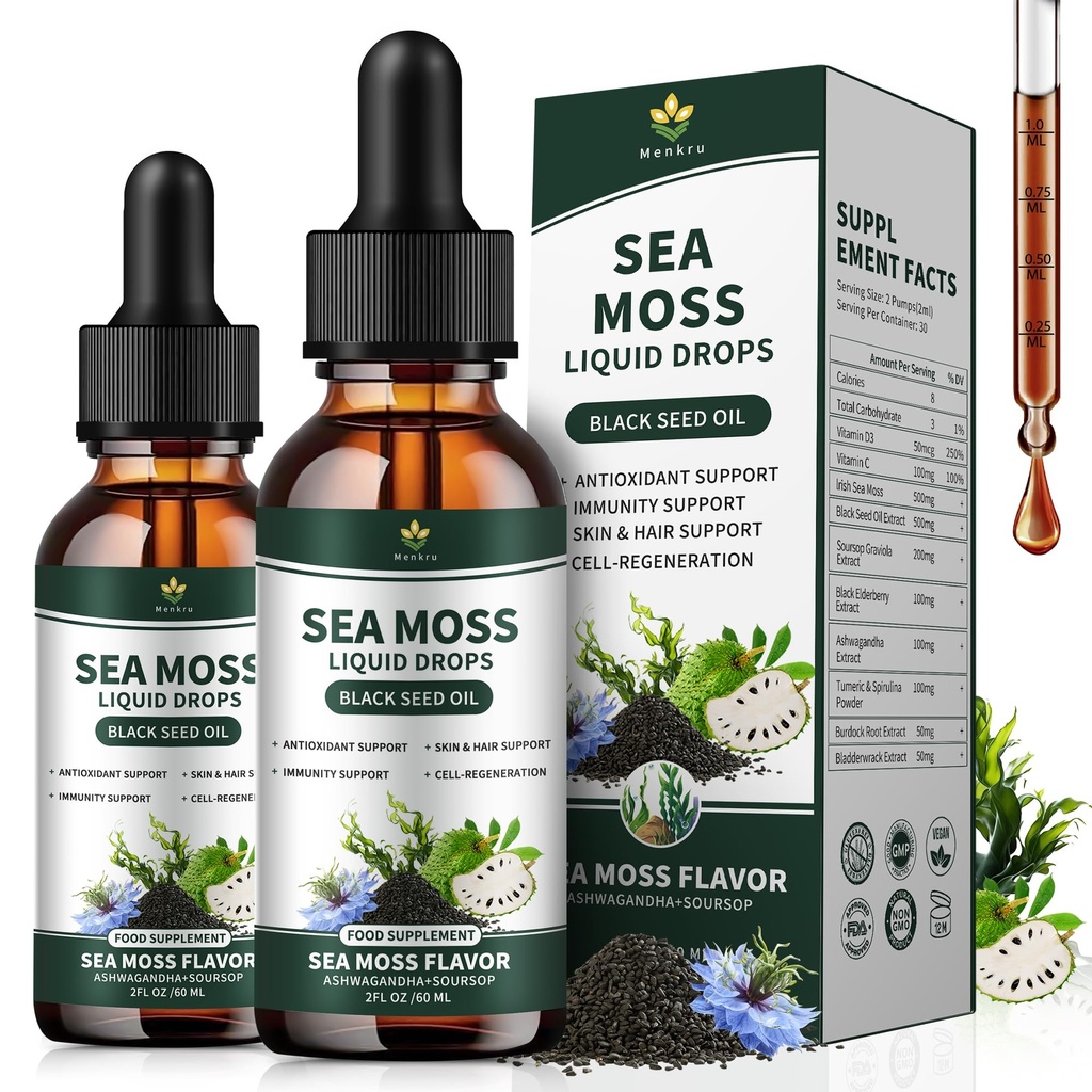 (2 Pack)Sea Moss Liquid Drops - with soursop bitters, black seed oil, Irish seaweed gel,Burdock Root, Bladderwrack, Elderberry. Multimineral Seamoss Supplement, Support Antioxidant, Immune, Gut Health