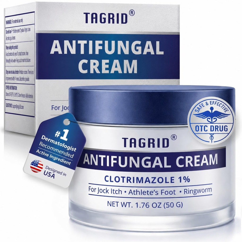 TAGRID NDC-Approved 1% Clotrimazole Antifungal Cream: Powerful, Non-Prescription Relief for Ringworm, Athlete's Foot, and Jock Itch - 50g