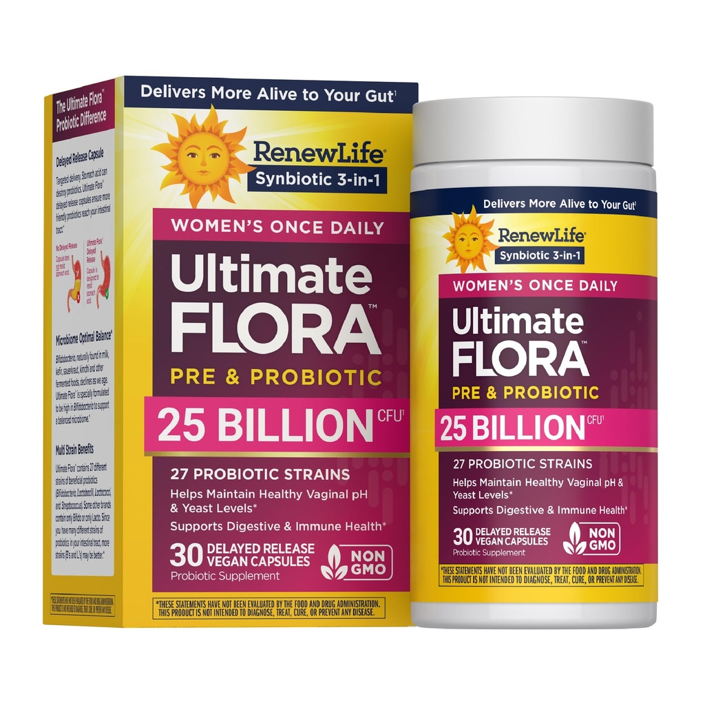 Renew Life Ultimate Flora Probiotics for Women with Prebiotics | 25 Billion CFU | 30 Delayed Release Capsules | 3 in 1 Synbiotic | Supports Digestive and Immune Health | Dairy, Soy and Gluten-Free
