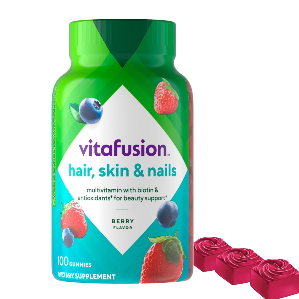 Vitafusion Gorgeous Hair, Skin Nails Multivitamin Gummy Vitamins, plus Biotin and Antioxidant vitamins CE, Raspberry Flavor, 100ct (33 day supply), from America’s Number One Gummy Vitamin Brand