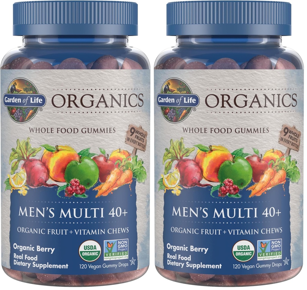 Garden of Life Organics Men 40+ Gummy Vitamins - Berry - Certified Organic, Non-GMO, Vegan, Kosher Complete Multi - Methyl B12, C & D3 - Gluten, Soy & Dairy Free, 120 Real Fruit Gummies, (Pack of 2)