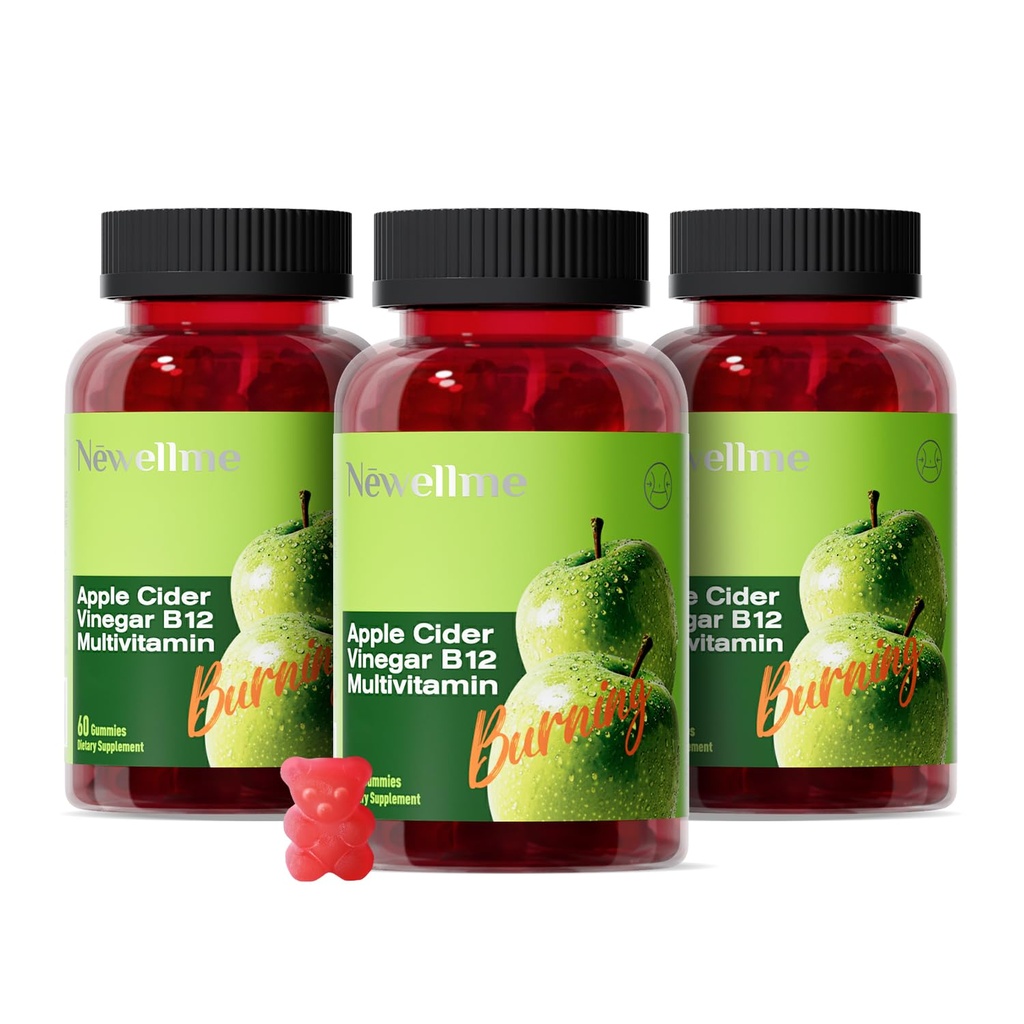 NEWELLME Sugar-Free Apple Cider Vinegar Gummies 1000mg ACV with The Mother + Vitamin B12 for Gut Health, Bloating Relief & Metabolism, Vegan Keto Gluten-Free, 180 Counts (Pack of 3)