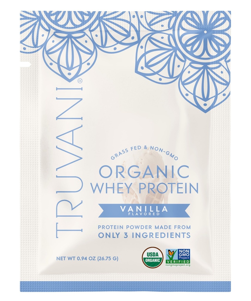 Truvani Organic Whey Protein Powder | Vanilla | 20g Grass Fed Whey Protein | 1 Serving | USDA Organic & Non-GMO | Gluten Free | No Gums, No Soy, No Stevia, No Added Sugars