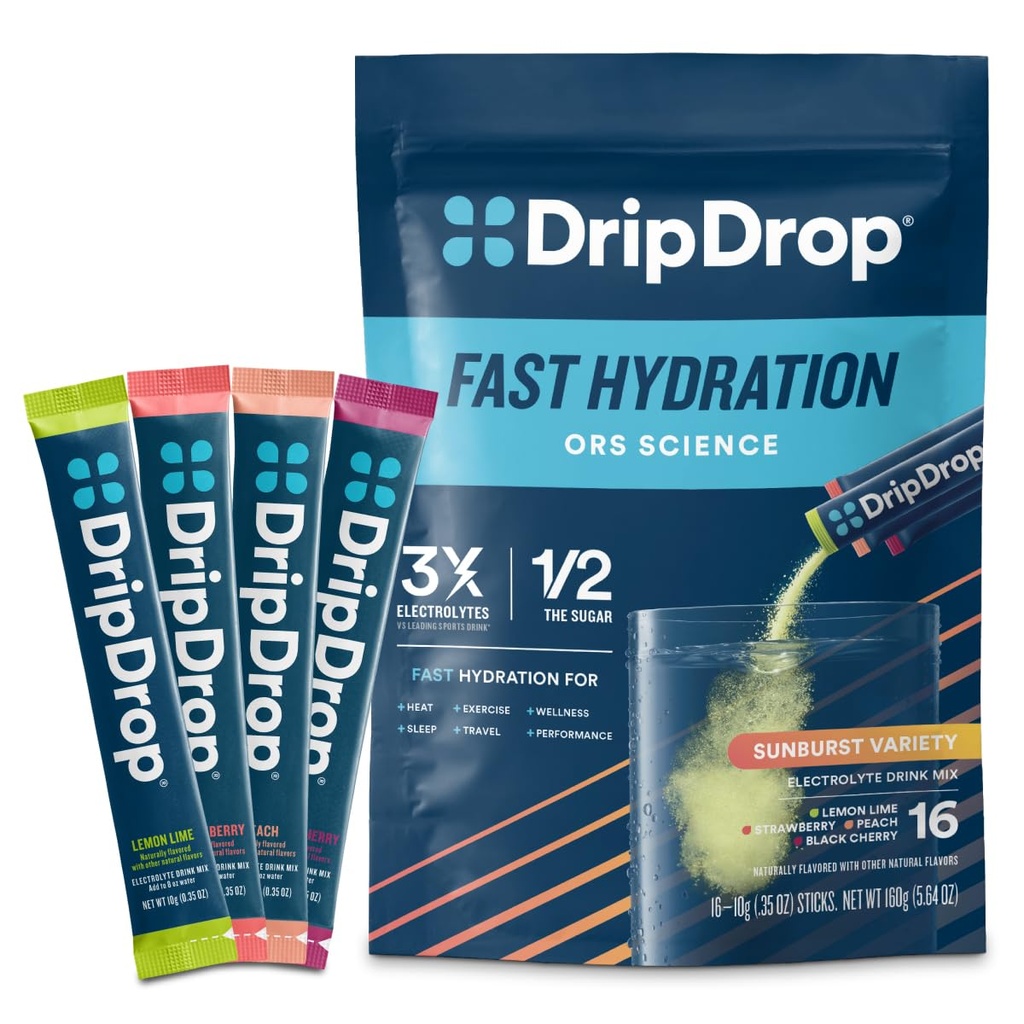 DripDrop Hydration Packets - Sunburst Variety Pack - Single Serve Electrolytes Powder Drink Mix - Lemon Lime, Strawberry, Peach, Black Cherry - Non-GMO, Gluten Free, Vegan - 16 Sticks