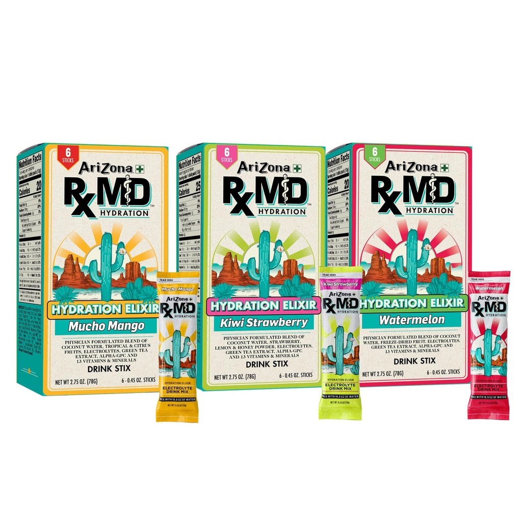 AriZona Rx MD Hydration Stix Variety Bundle, 6 Stix per Flavor - Watermelon + Mucho Mango + Kiwi Strawberry, Drink Mix - 920mg of Electrolytes - 0.45 oz Powder Sticks (Pack of 18)