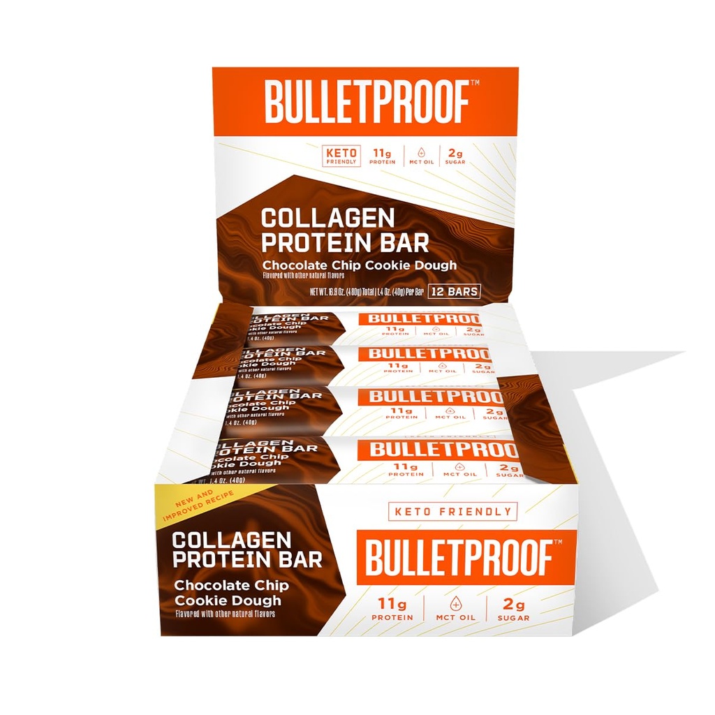 防弹巧克力芯片 Cookie Dough Collagen蛋白棒,包12, Keto-Friendly Snack 与MCT Oil, 草料Collagen, 无添加糖