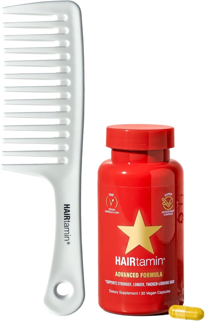 Hairtamin Advanced Vegan Biotin 补充 Pack QQ 毛发、皮肤和直肠维生素,并配有Gentle Detanling Comb 以促进生长和瘦小