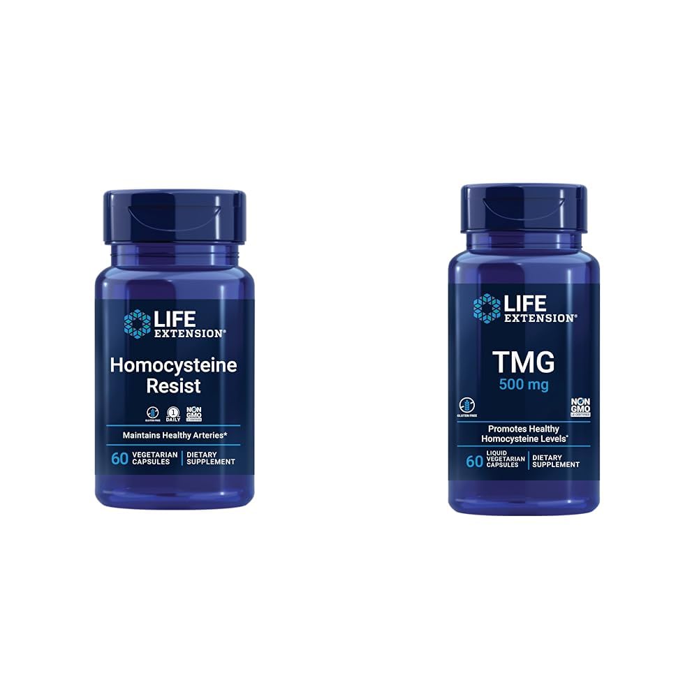Life Extension Heart & Brain Support B Vitamin Bundle - Homocysteine Resist 60 Vegetarian Capsules & TMG 500mg 60 Liquid Vegetarian Capsules