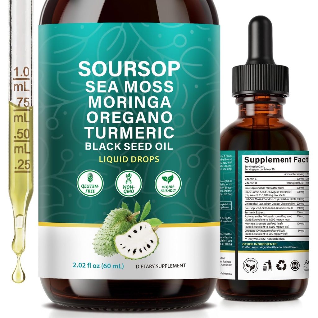 Soursop Liquid Drops 12-in-1 Complex - 2 Fl Oz | Concentrated Graviola, Sea Moss, Moringa & Ashwagandha Blend | Advanced Herbal Tonic for Immune Health & Digestive Balance | Maximum Absorption | Vegan