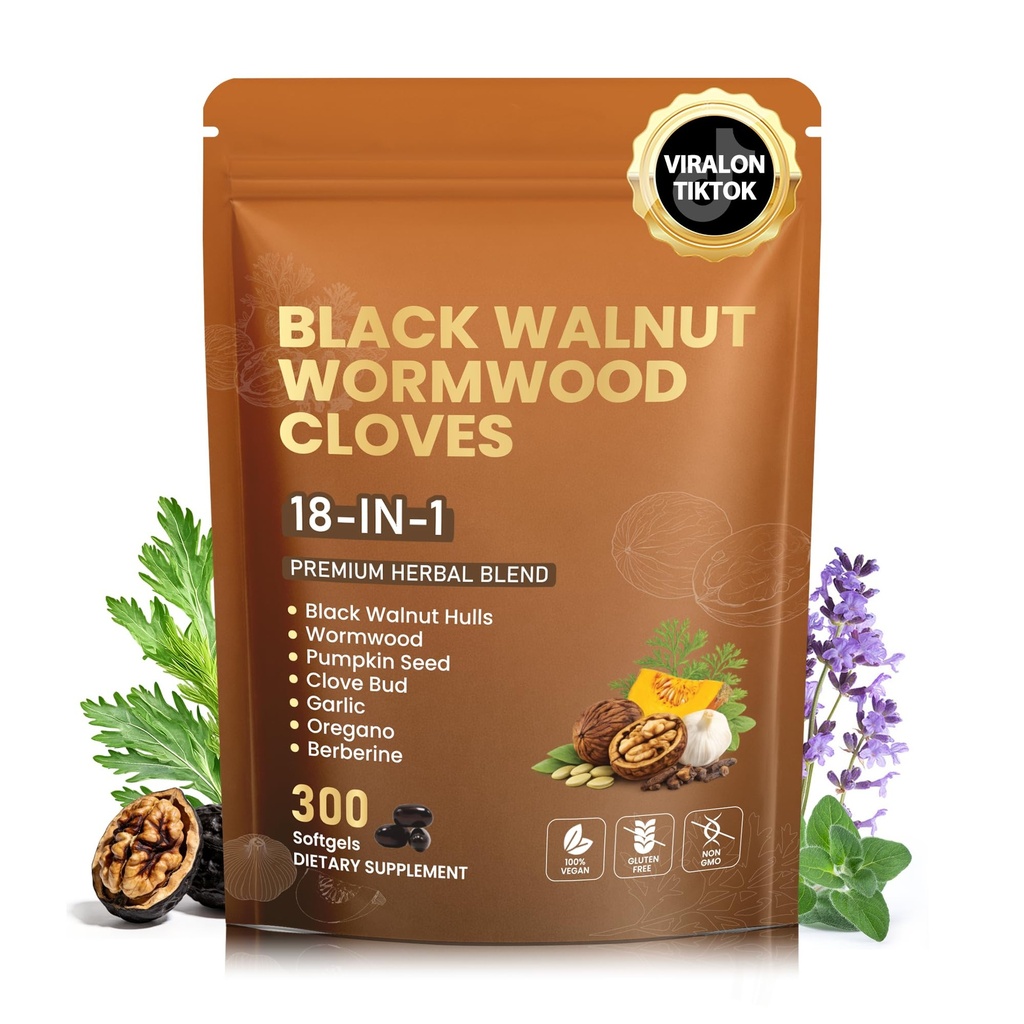 18-in-1 Black Walnut Wormwood Cloves,Rapid Gut Cleanse & Detox ,Digestive Support& Liver Health with Garlic, Turmeric, Pumpkin Seed, Oregano, Berberine | Soy-Free,Gentle Nourishing Gut Formula,300 ct