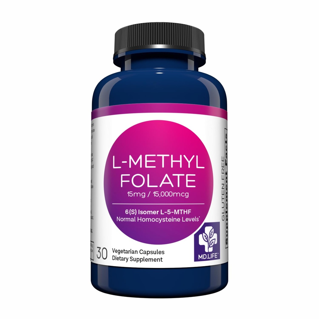 MD 寿命 L-甲基乙二醇 15 mg 补充 - 专业-格氏活性 L Methylfolate 补充 - 30 capsules - L-Methylfolate 15mg - 最大概率 MTHFR W/Essic 氨基酸