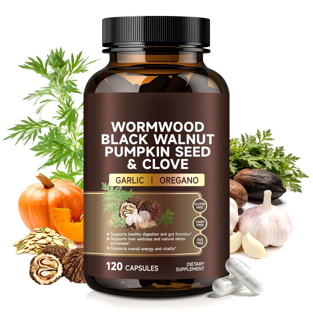 Wormwood Black Walnut Capsules Cleanse,Digestive & Gut Health Supplement for Men & Women with Non-GMO,Gluten Free, No Preservatives or Fillers | 120-Count