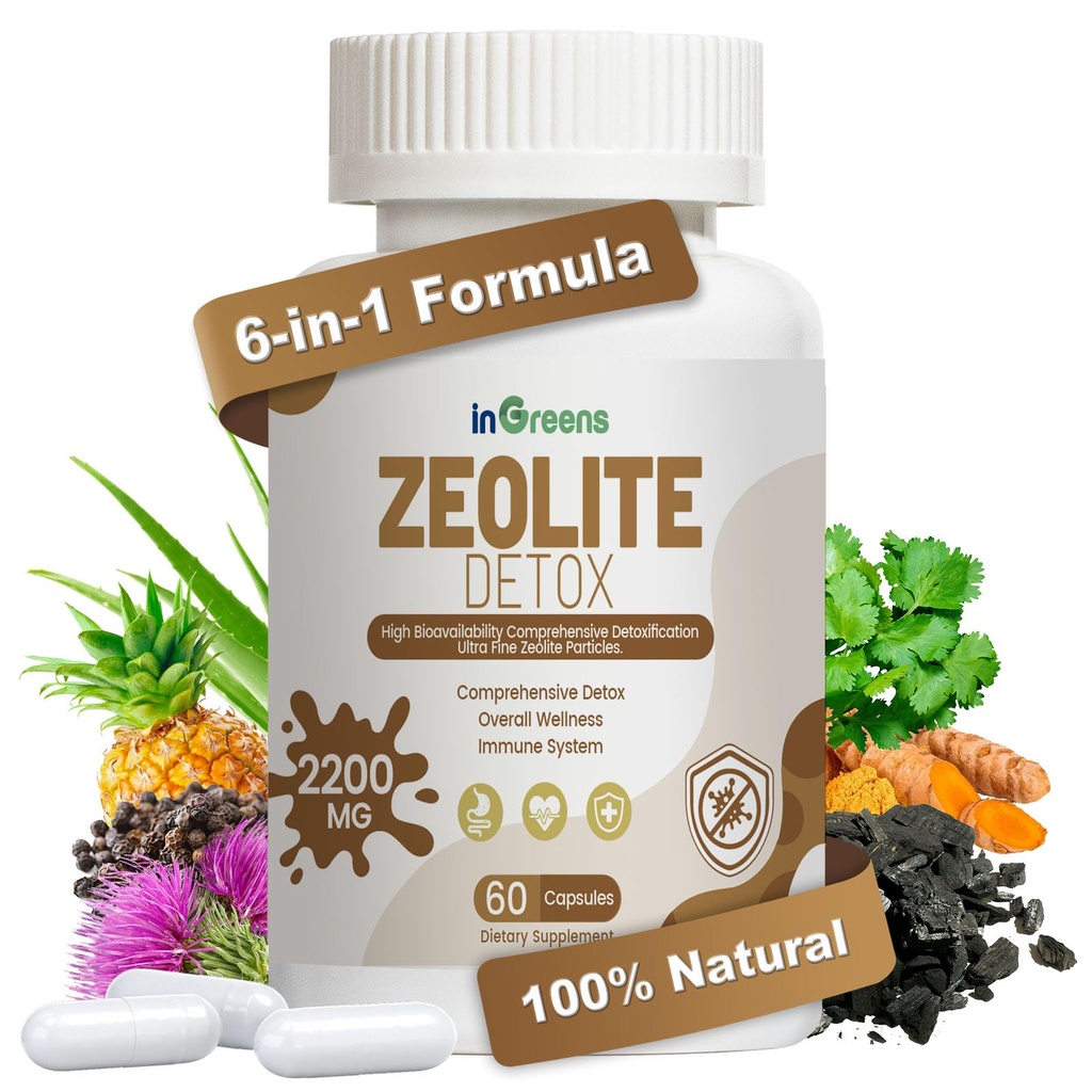 inGreens 6-in-1 Zeolite Detox Capsules 2200mg, Activated Charcoal, Bentonite Clay, Immune System, Overall Wellness for Women & Men, 60 Capsules