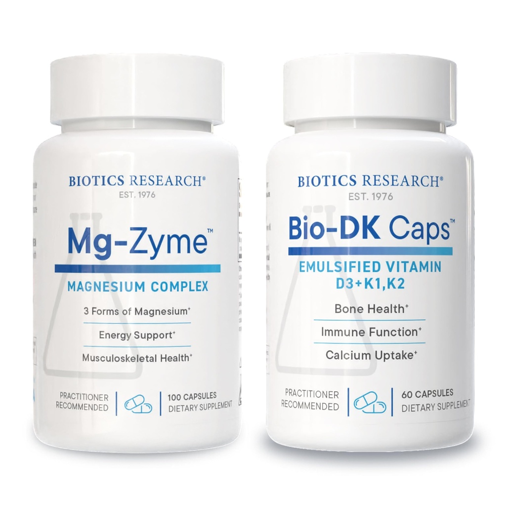 Biotics Research Mg-Zyme Triple Magnesium Complex for Sleep, Relaxation & Bone Health + Bio-DK Caps Emulsified Vitamin D3 & K1/K2 for Strong Bones, Heart & Immune Support – 100 Capsules & 60 Capsules