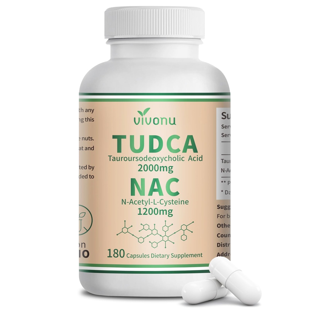 VivoNu TUDCA 2000mg + NAC 1200mg Supplement Capsules, TUDCA Bile Salt + N Acetyl Cysteine, Antioxidant Supplements for Liver&Lung&Digestion&Gallbladder Cleanse(180 Capsules)