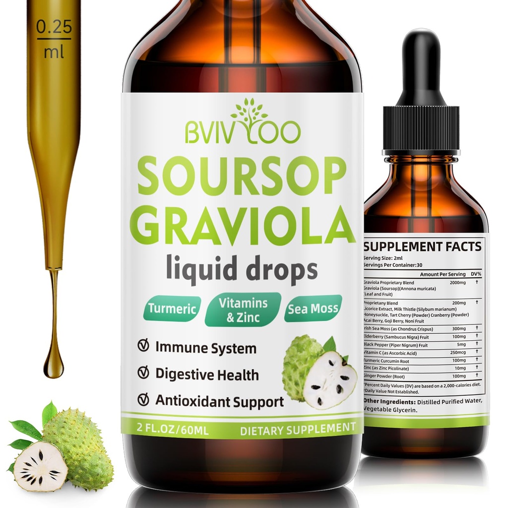 Soursop Graviola 液滴 - 2000 mg 纯 Soursop 提取器与 300 mg 海 Moss & 100 mg 老年莓 - 强大的细胞支持,抗氧化剂-Rich, Immune-Boosting - 2 Fl Oz (60 ml) 瓶装