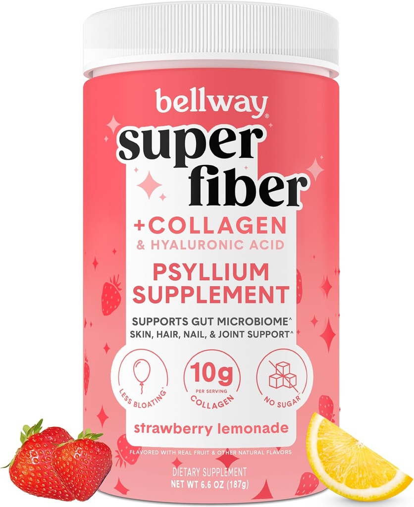 贝尔威超级纤维粉末+Collagen,无糖lium壳粉末加Collagen Peptides和Hyaluronic Acid用于古特健康,健康皮肤,钉子,骨头和联合,草莓柠檬汁(11次服务)