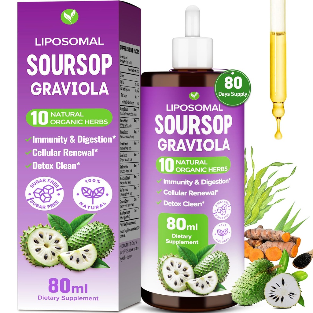 Soursop Bitters Liquid, 80ml Liposomal Multivitamin Blend with Organic Soursop Leaves, Black Seed Oil, for Cell Health, Immune, Gut Cleanse, Detox, Liver, Antioxidant, Zzz, Sugar Free -80 Days Supply