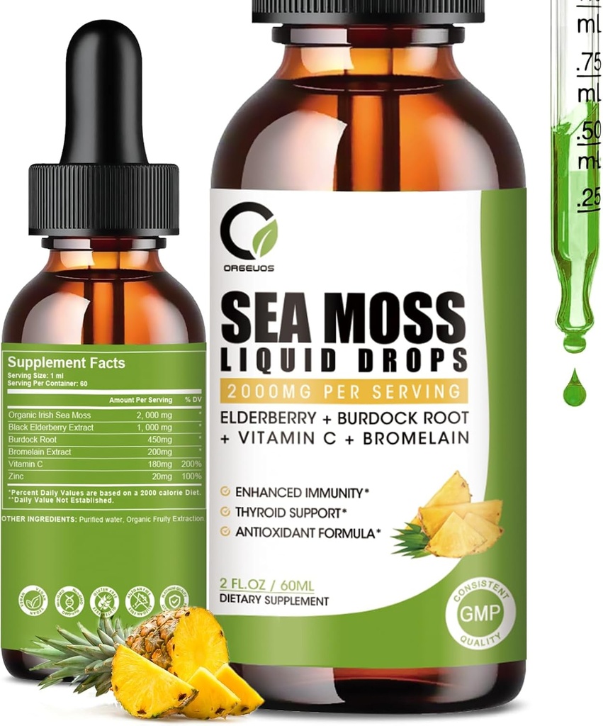 Sea Moss Drops 2000mg,爱尔兰海 Moss 补充支持豁免,有黑老莓,Burdock Root,Bromelain,维生素C & Zinc, 2 Fl.Oz, Pineapple Flavor
