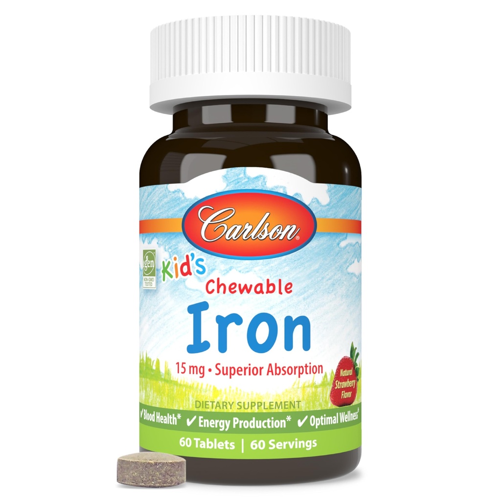 Carlson - Kid's Chewable Iron, 15 mg, Superior Absorption, Blood Health, Energy Production & Optimal Wellness, Natural Strawberry Flavor, 60 Tablets