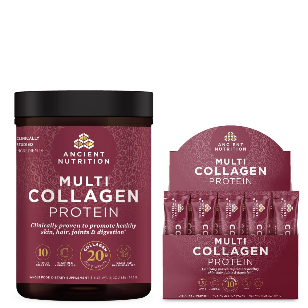 Ancient Nutrition Multi Collagen Protein Powder, Unflavored, 45 Servings + Multi Collagen Protein Powder Packets, Unflavored, 40 Packets