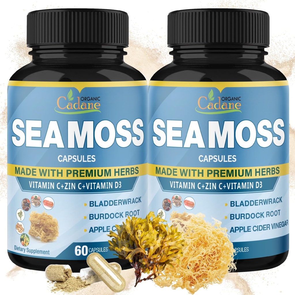 Organic Cadane 2 Packs Irish Sea Moss Powder Capsules & VitaminC, D3, Zin.C, Bladderwrack, Burdock Root, Apple Cider, Elderberry, Pepper - Supports Immune System & Overall Health