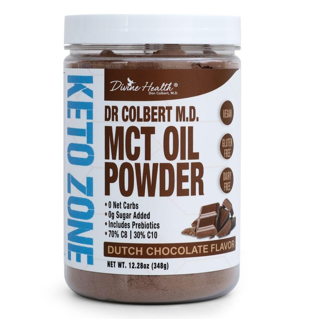 Dr. Colbert's MCT Oil Powder | Dutch Chocolate Flavor | by Divine Health | Keto Zone | 70% C8 | 30% C10 | 0 Net Carbs | Gluten Free | 30 Day Supply | 348g