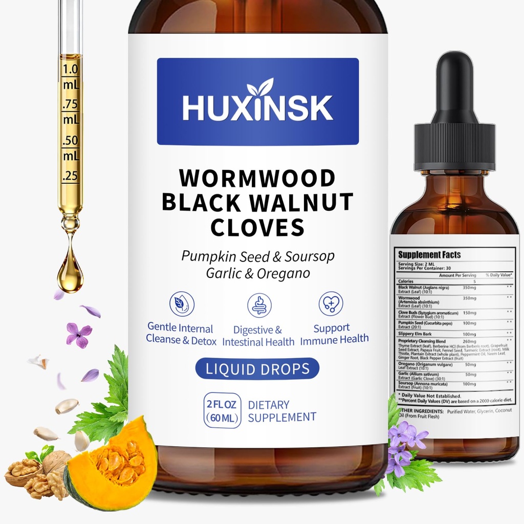 Parasite Cleanse for Humans, 21-in-1 Wormwood Black Walnut Clove Parasite Cleanse, Pumpkin Seed, Garlic, Oregano, Slippery Elm, Soursop, Gut-Friendly, Gentle Gut Cleanse & Digestive Health, 2 FL OZ