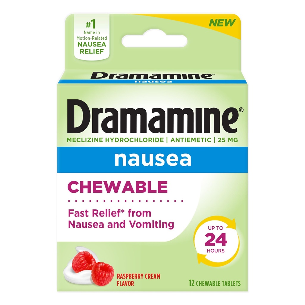Dramamine Nausea Chewable Nausea Relief with Meclizine, Raspberry Cream Flavor, 12 Count
