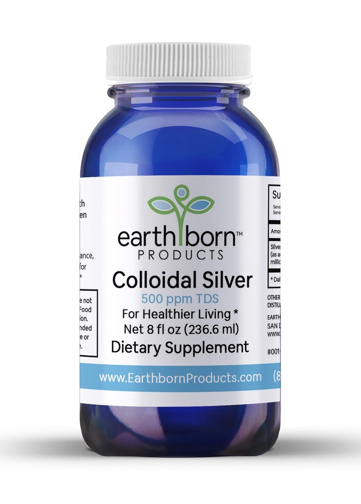 Earthborn Products Monatomic Colloidal Silver Liquid, 500 ppm, Immune Support Supplement, 8 fl. oz Bottle