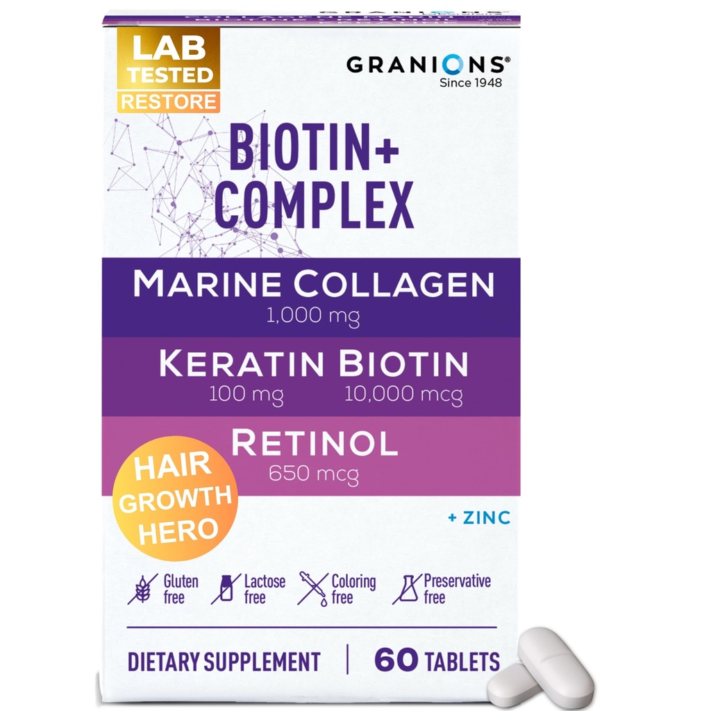 Biotin Collagen Keratin Supplement Hair Growth Tablets – Biotin 10000mcg, Marine Collagen Peptides, Keratin, Retinol, Zinc, Vitamin B6 - Hair, Skin and Nails Complex for Women and Men - 60 Tablets