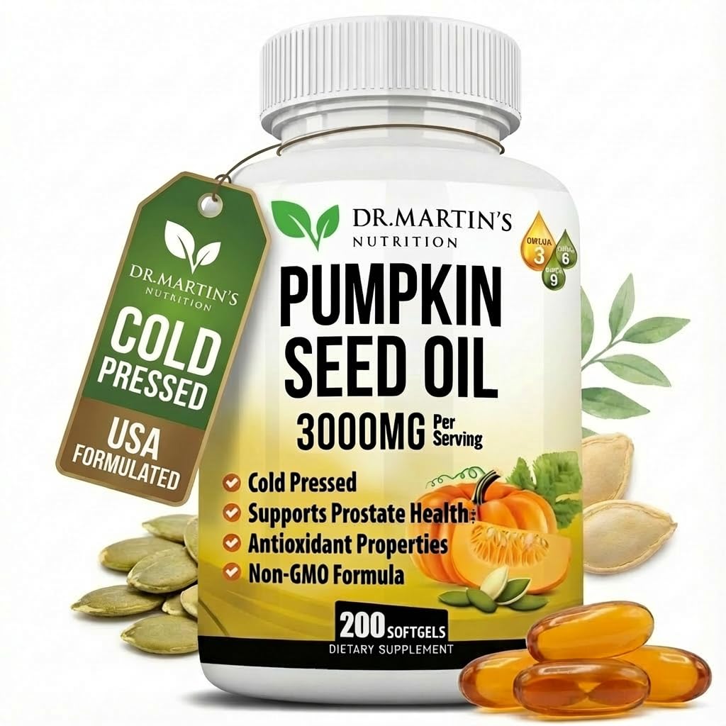 3000mg Pumpkin Seed Oil Capsules | DHT Blocker For Prostate & Hair Growth Supports | Cold Pressed with Essential Fatty Acids & Phytosterols, Supports Urinary & Skin Health Omega 3 6 9, 200 Softgels