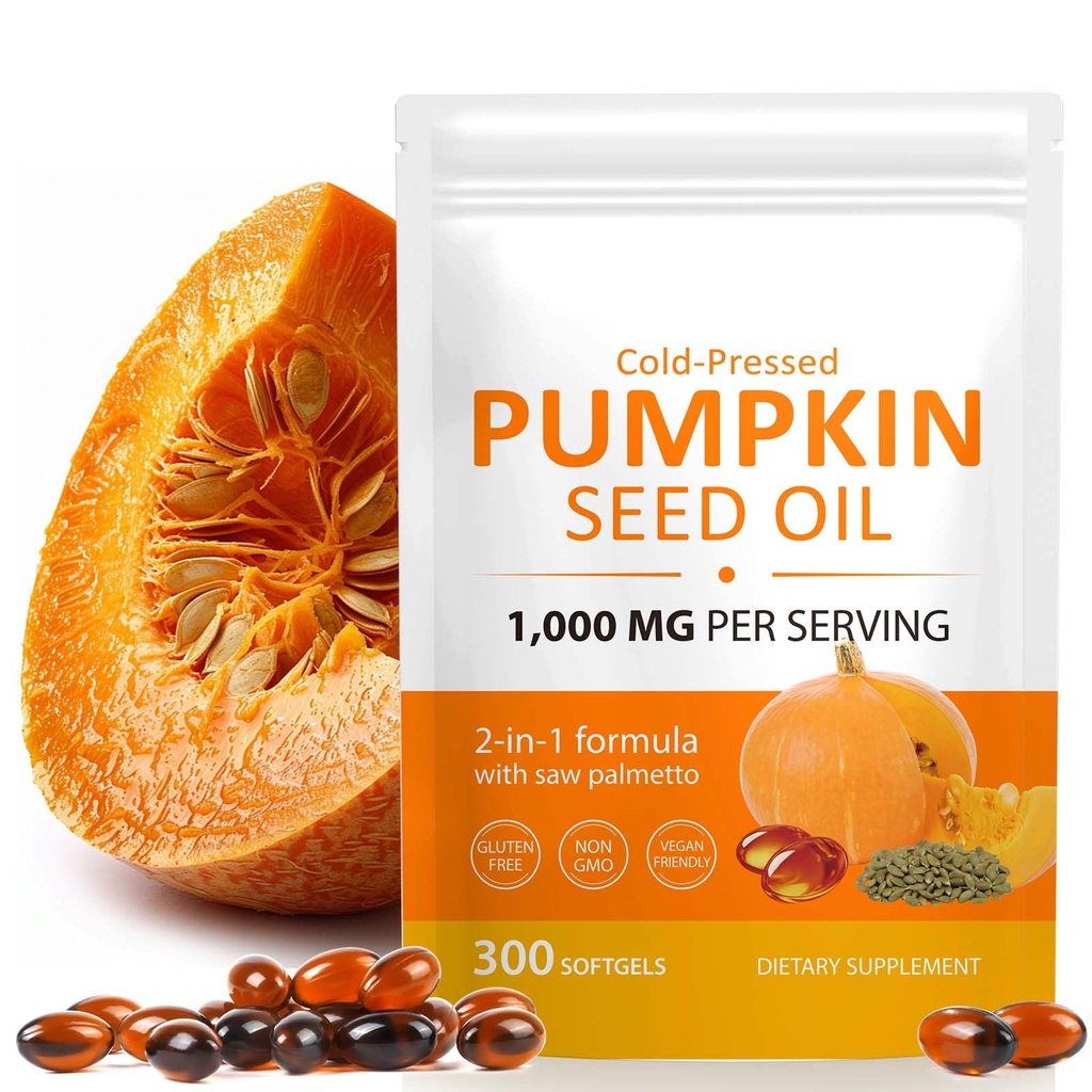 Pumpkin Seed Oil Capsules with Saw Palmetto| Cold Pressed for Hair Growth, Prostate/Urinary Tract/Bladder Health, Immune System, with Essential Fatty Acids, Phytosterols, Non-GMO, 300 Softgels