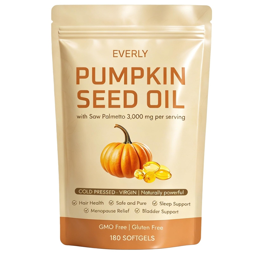 Everly Pumpkin Seed Oil with Saw Palmetto – Cold Pressed Virgin Oil, Rich in Essential Fatty Acids & Phytosterols, Non-GMO, 180 Softgels