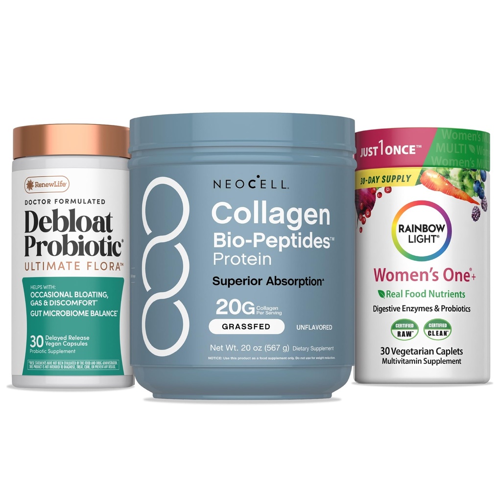 NeoCell Women’s Debloat Beauty & Balance Bundle | 3-in-1 Bundle Pack Collagen Bio-Peptides Protein | Debloat Probiotic | Women’s One + Multivitamin