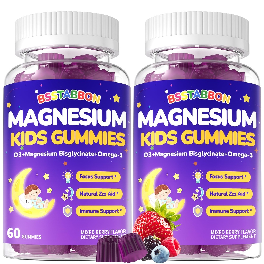Kid’s 4+ Magnesium Glycinate Gummies: Extra Strength NO Melatonin Magnesium Bisglycinate 100mg 200mg Supplement with L-Theanine B6 D3 Omega3 for Overall Health - Zzz Aid for Kids(120Count)