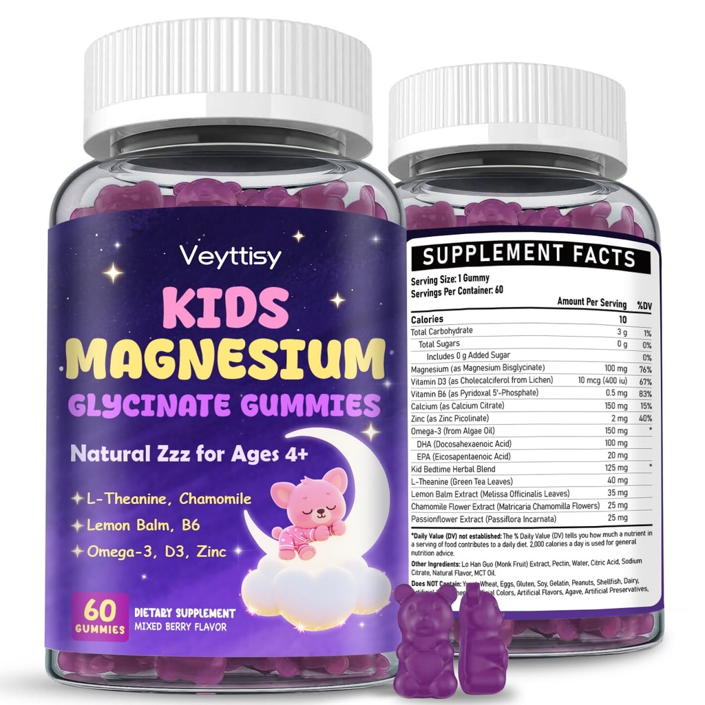 Magnesium Glycinate Gummies for Kids 4+: Sugar Free Magnesium Bisglycinate Gummy with Chamomile, L-Theanine, Lemon Balm, B6, Omega 3, Zinc - Gluten Free, Non-GMO, Vegan, Mixed Berry Flavor