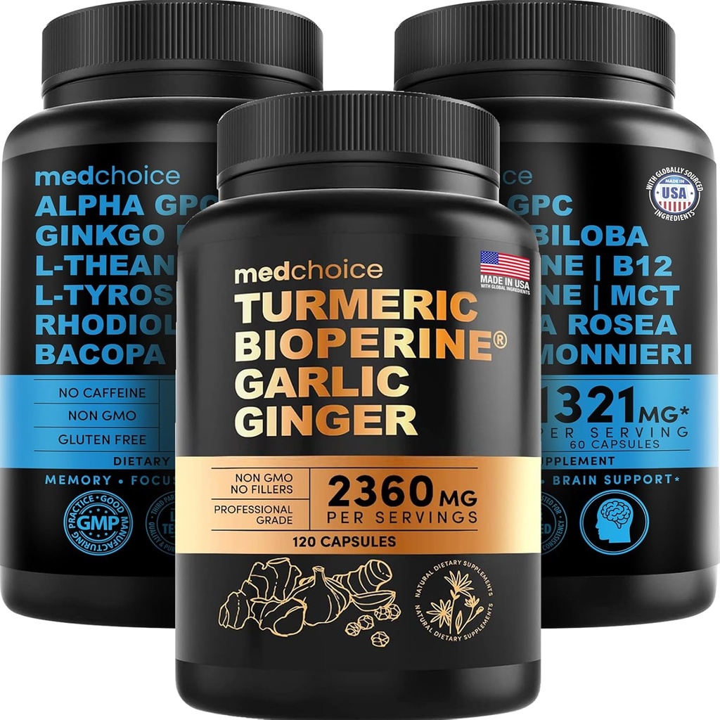 MEDCHOICE Turmeric & Ginger(120cm)和Nootropic Brain(120cm) 补充包 - 联合、文摘、大脑和Mood支持 - Vegan、Non-GMO、Gluten-Free