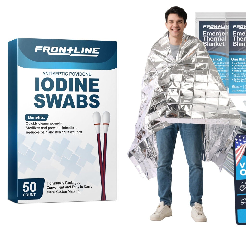 Iodine Swabs 50 Count Mylar Blanket 4 Pack Bundle | Emergency Supplies First Aid Antiseptic Prep Kit with Thermal Survival Blankets for Travel Camping Disaster Preparedness