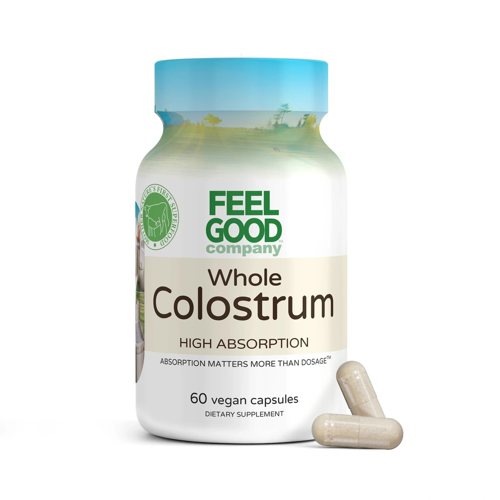 FeelGood Superfoods Bovine Colostrum Capsules - Gut Health & Immune Support - 2000mg (2g) Daily Serving - Ethically Sourced Within First 24 Hours - Nature’s Potent Superfood - 60 Capsules